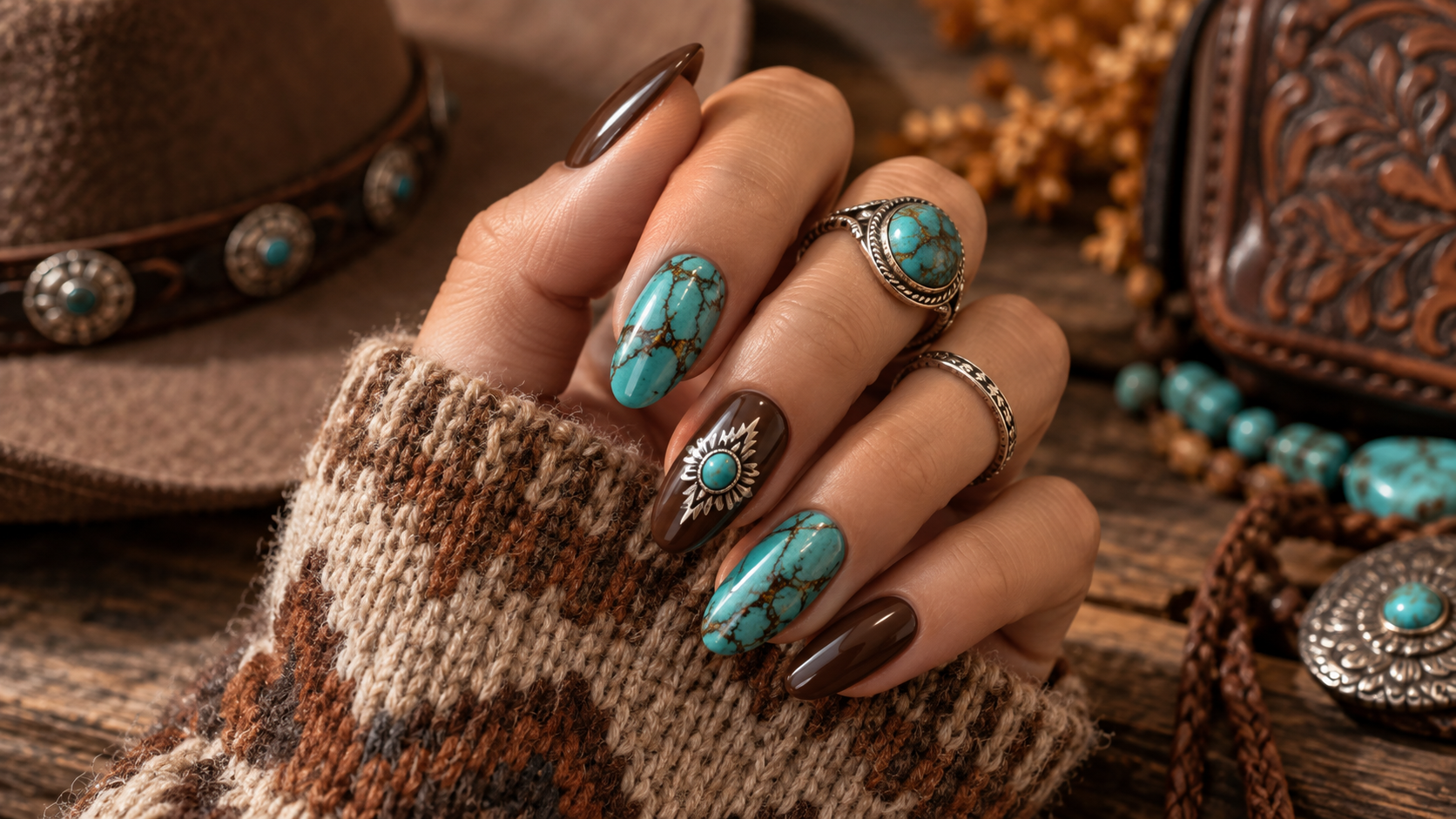 Turquoise and Brown Western Nails